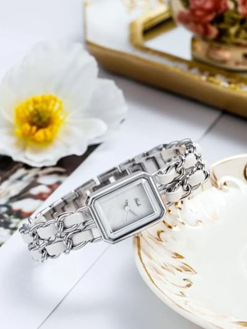 Elegant Womens Square Bracelet Watch, Chain Braid Band Quartz Watch